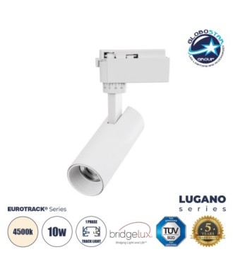 GloboStar® LUGANO 60801 Μονοφασικό Φωτιστικό Σποτ Ράγας LED 10W 1250lm 36° Acrylic HQ LENS AC 220-240V IP20 Φ4.5 x Υ19cm Φυσικό Λευκό 4500K - EUROTRACK® System 1L+1N - Λευκό - Bridgelux Chip - TÜV Certified Driver - 5 Χρόνια Εγγύηση